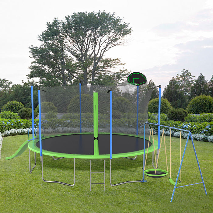 12Ft Trampoline With Slide And Swings, Astm Approved Large Recreational Trampoline With Basketball Hoop And Ladder, Outdoor Backyard Trampoline With Net, Capacity For Kids And Adults - Green / Blue