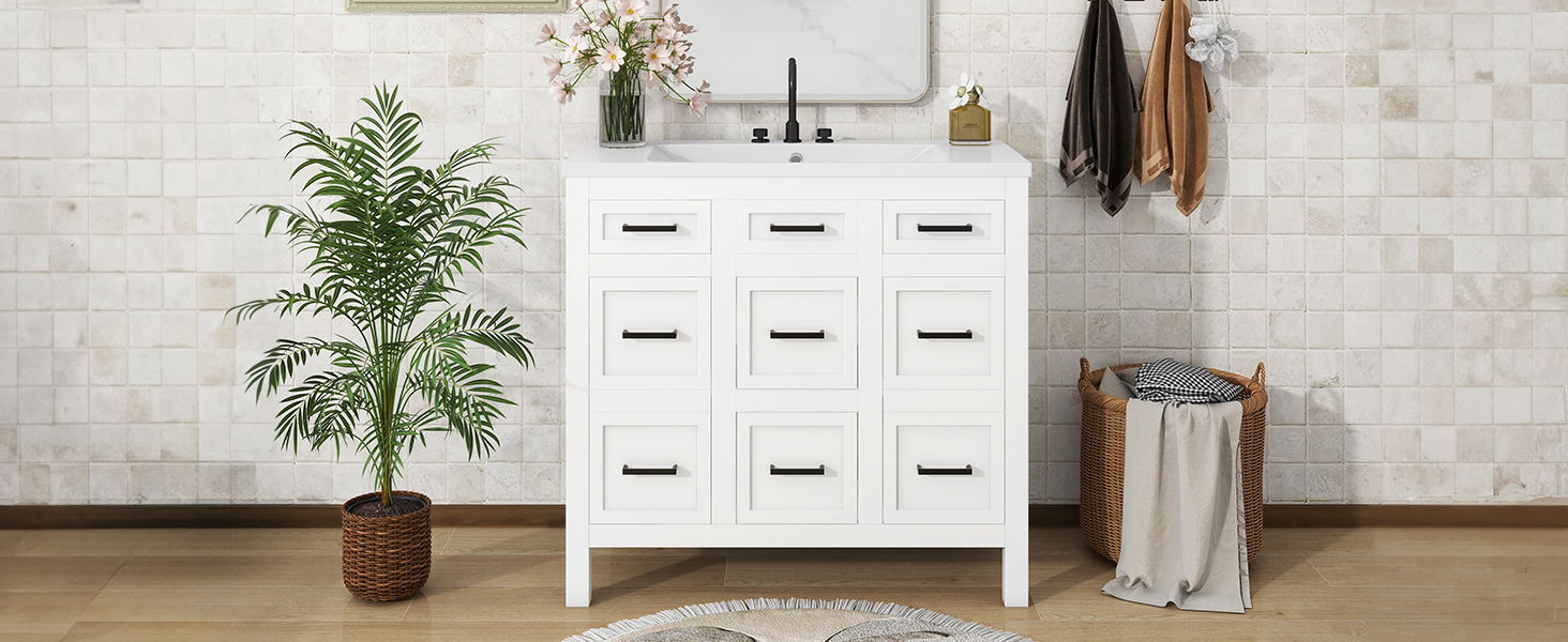 Bathroom Vanity Cabinet With Resin Integrated Sink 4 Drawers, 2 Doors - White