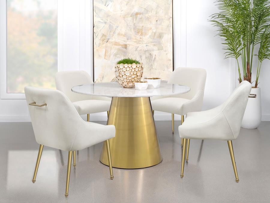 Ambrose - Round Dining Table Genuine Marble With Stainless Steel - White And Gold