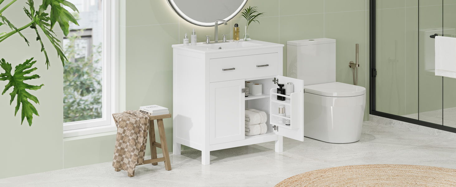 Bathroom Vanity With Ceramic Sink, Modern Single Bathroom Cabinet With 2 Doors And A Shelf, Soft Close Doors