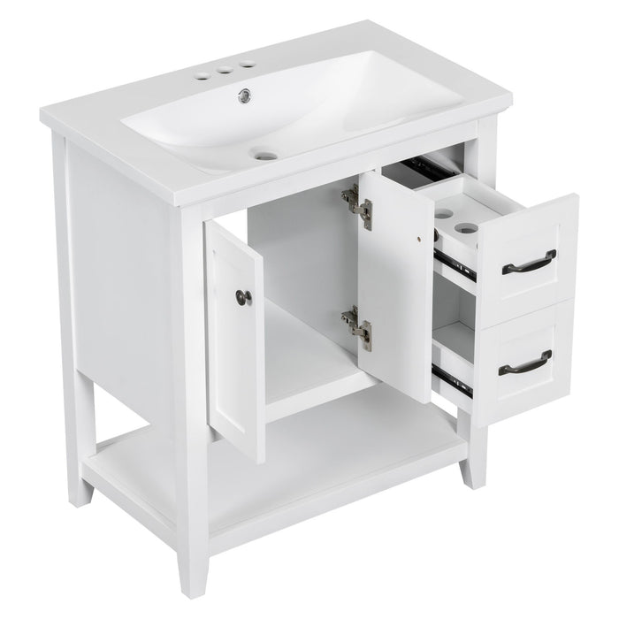 Bathroom Vanity With Ceramic Sink Top, Vanity Cabinet With Multi-Functional Drawer, Solid Wood Legs - White