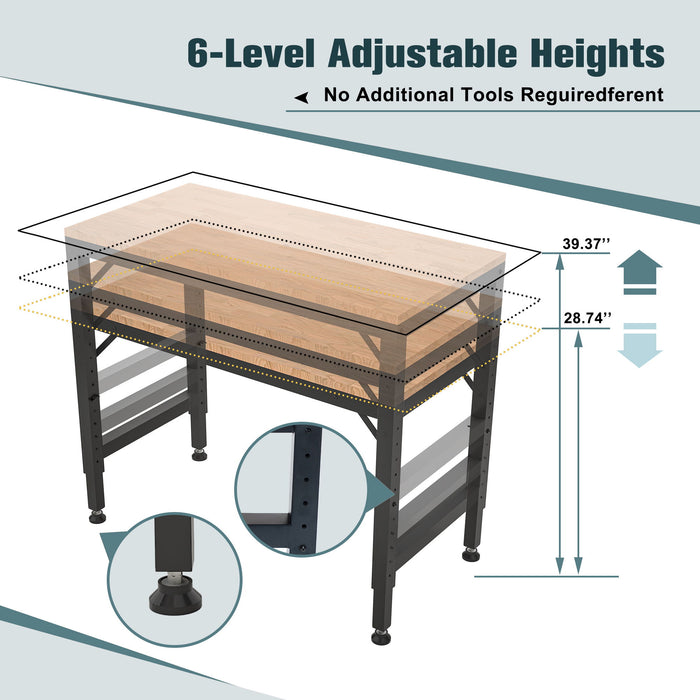 Heavy Duty Adjustable Workbench For Garage, Rubber Wood Shop Table WithRubber Pads, Hardwood Workstation Weight Capacity Over 2000 Lbs - Black