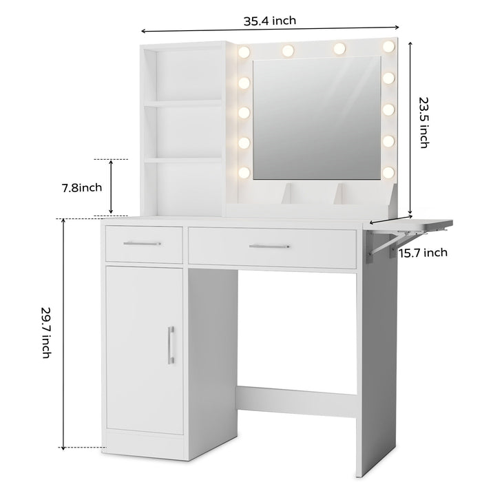 Vanity Desk With Drawers & Mirror With Lights, With Drawers & Cabinet 3 Shelves Lots Storage For Stylish Bedroom