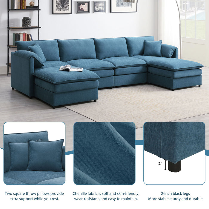 Chenille Modular Sectional Sofa, U Shaped Cloud Couch Set With Double Cushions, 6 Seat Sleeper Sofa Bed With Ottomans, Oversized Indoor Furniture For Living Room