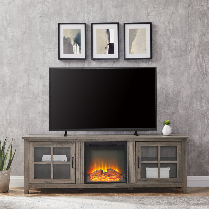 Modern Farmhouse 2 Door Glass Windowpane 70" Fireplace TV Stand For 80" TVs