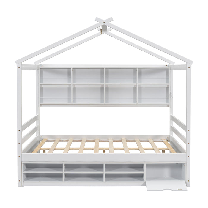 House Bed With Roof Frame, Bedside-Shelves, Under Bed Storage Unit