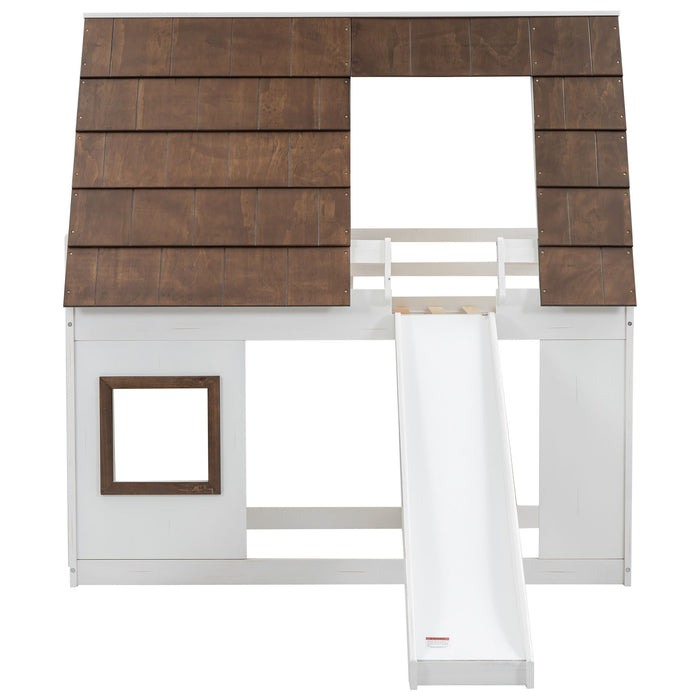 Wood Twin Size House Bunk Bed With Roof, Ladder And Slide - White / Brown