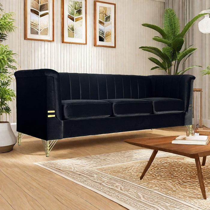 Fx-P82-Bk (Sofa) Modern Sofa Couches For Living Room, Velvet Tight Back Chesterfield Design Couch Upholstered Sofa With Metal Legs Decor Furniture For Bedroom - Black