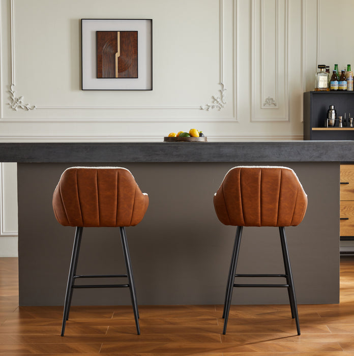 Modern Counter Height Bar Stools (Set of 2), Mid-Century Leather Upholstered Accent Arm Bar Stools, Leisure Side Chair With Metal Legs For Kitchen & Dining Room - Dark Brown / White