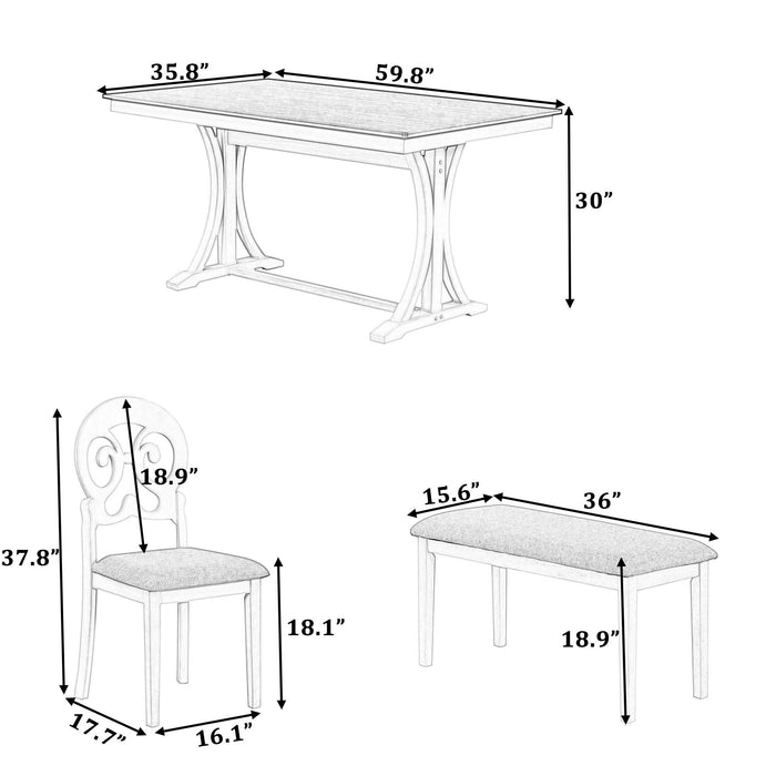 Topmax - 6 Piece Mid-Century Trestle Table Set With Victorian Round Upholstered Dining Chairs And Long Bench - Antique White / Cherry