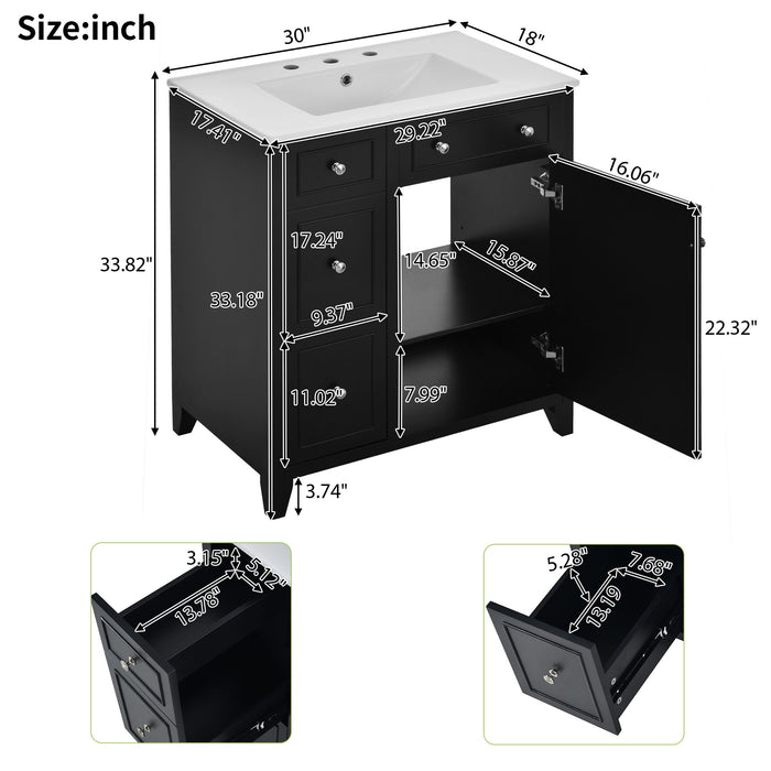 Bathroom Vanity Cabinet With Ceramic Basin, Double-Layer Drawer, Deep Drawer And Adjustable Shelf