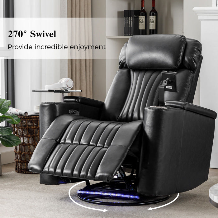 270 Degree Power Swivel Recliner, Home Theater Seating With Hidden Arm Storage And LED Light Strip, Cup Holder, 360 Degree Swivel Tray Table, And Cell Phone Holder, Soft Living Room Chair