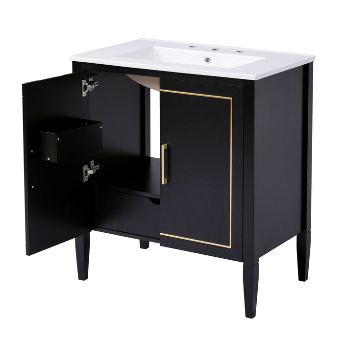 Bathroom Vanity With Ceramic Basin, Soft Close Door, Built-In Hidden Drawer - Black