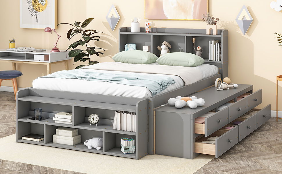 Bed With Bookcase Headboard, Under Bed Storage Drawers And Bed End Storage Case