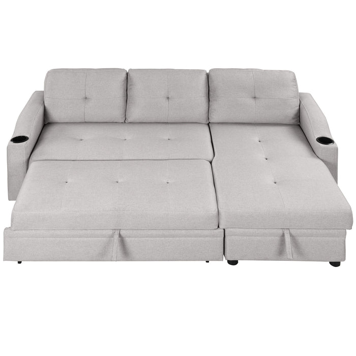 Pull Out Sofa Bed Modern Padded Upholstered Sofa Bed, Linen Fabric 3 Seater Couch With Storage Chaise And Cup Holder, Small Couch For Small Spaces