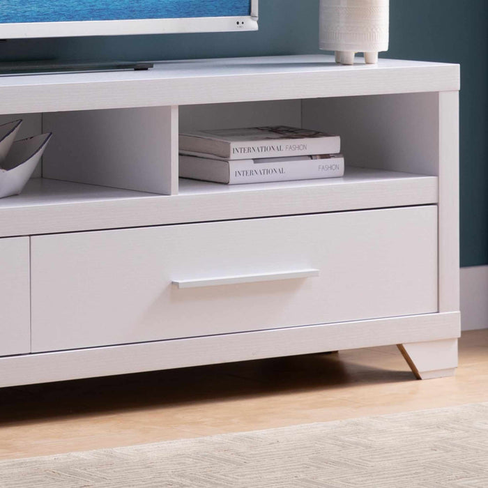 Modern TV Stand With Three Open Shelves And Two Drawers With Stylish Media Storage