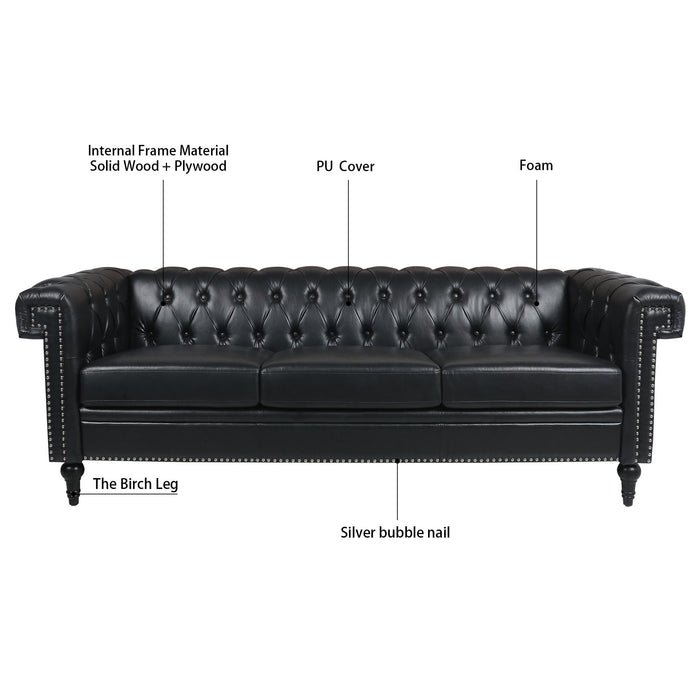 Traditional Square Arm Removable Cushion 3 Seater Sofa - Black