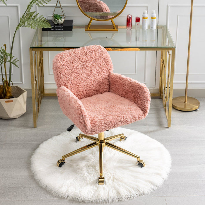 Office Chair, Artificial Rabbit Hair Home Office Chair With Golden Metal Base, Adjustable Desk Chair Swivel Office Chair, Vanity Chair