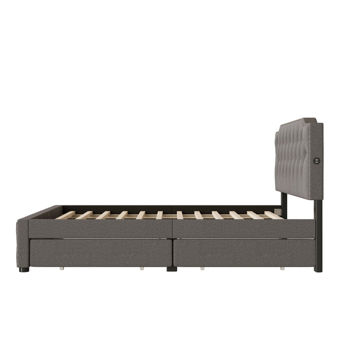 Upholstered Platform Bed With 2 Drawers And 2 Sets Of USB Ports On Each Side, Linen Fabric