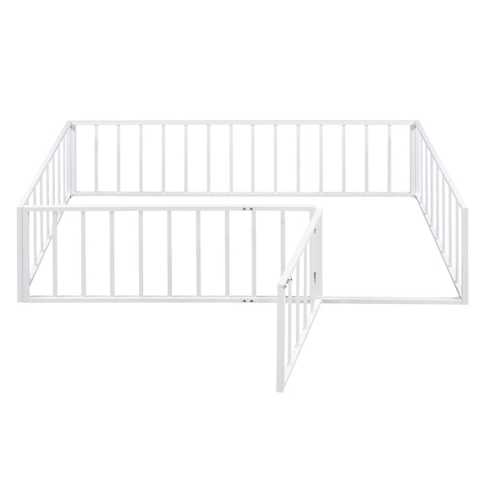 Metal Floor Bed Frame With Fence And Door - Black