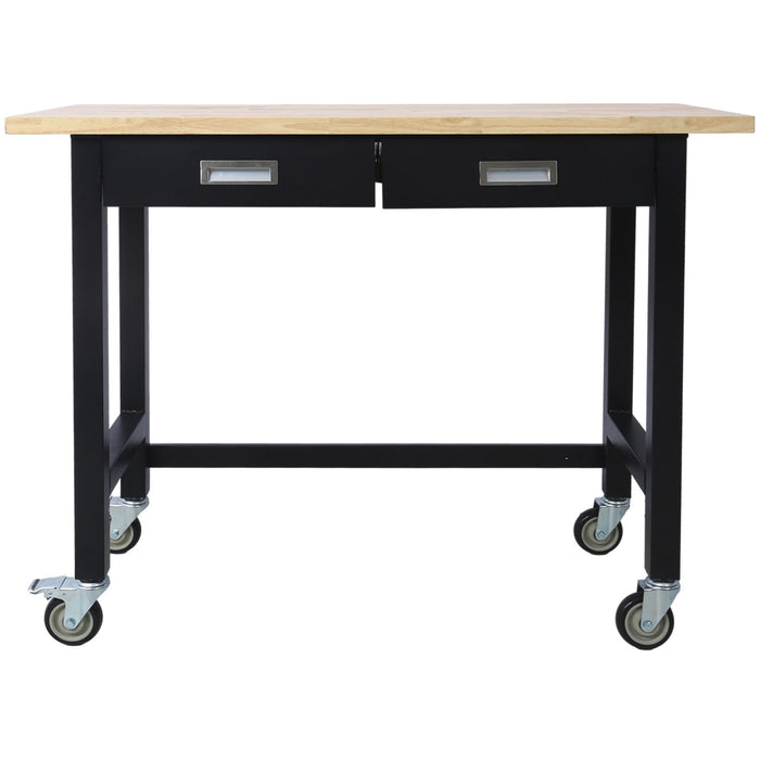 Work Bench, Workbench With Drawer Storage, Heavy Duty Bamboo Wood Work Table With Wheels For Garage Home Office