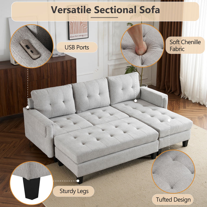 L Shaped Sofa Sectional Couch Sofa Bed With Two USB Ports, A Movable Ottoman And A Reversible Chaise Lounge For Living Room