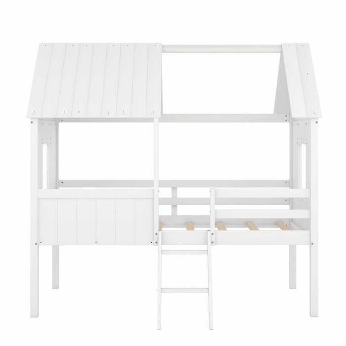 Twin Size Low Loft Wood House Bed With Two Side Windows - White