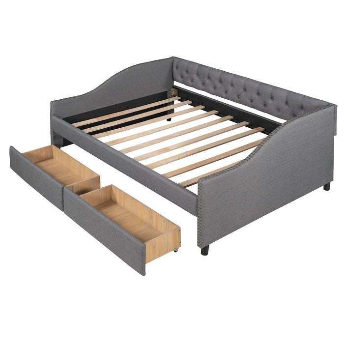 Full Size Upholstered Daybed With Two Drawers, Wood Slat Support