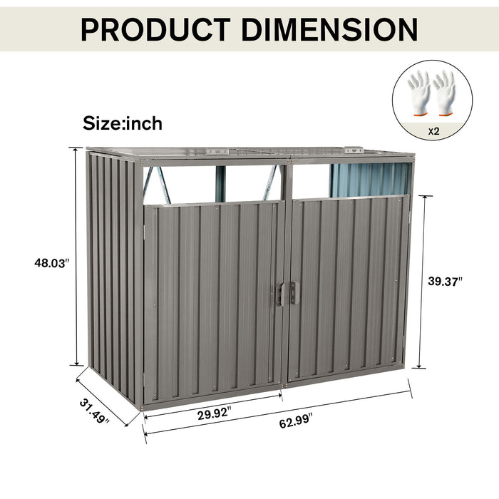 Garbage Bin Shed Stores 2 Trash Cans Metal Outdoor Bin Shed For Garbage Storage, Stainless Galvanized Steel, Bin Shed For Garden Yard Lawn