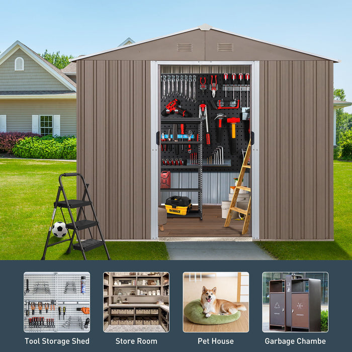 8Ft x 10Ft Outdoor Metal Storage Shed With Metal Floor Base, With Window - Gray