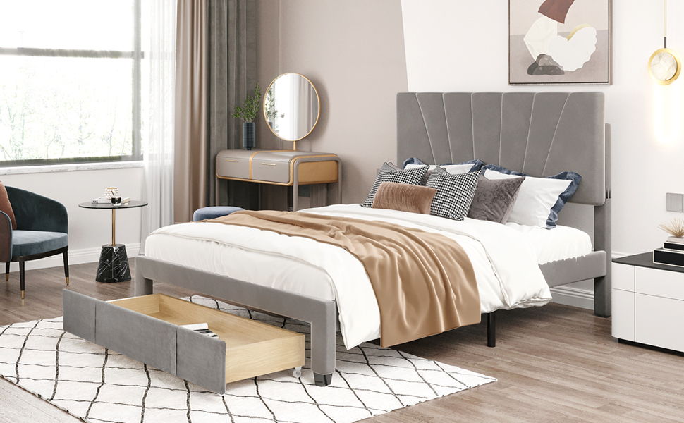 Storage Bed Velvet Upholstered Platform Bed With A Big Drawer