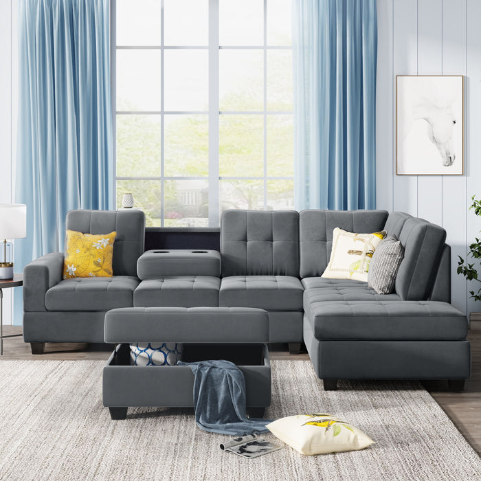 Sectional Sofa With Reversible Chaise Lounge, L-Shaped Couch With Storage Ottoman And Cup Holders