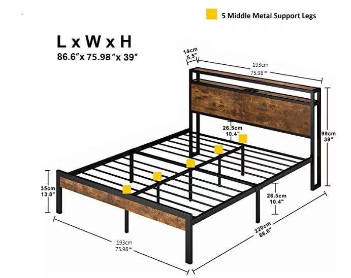 King Size Metal Platform Bed Frame With Wooden Headboard And Footboard With USB Liner, LED Lights, No Box Spring Needed, Large Under Bed Storage - Brown