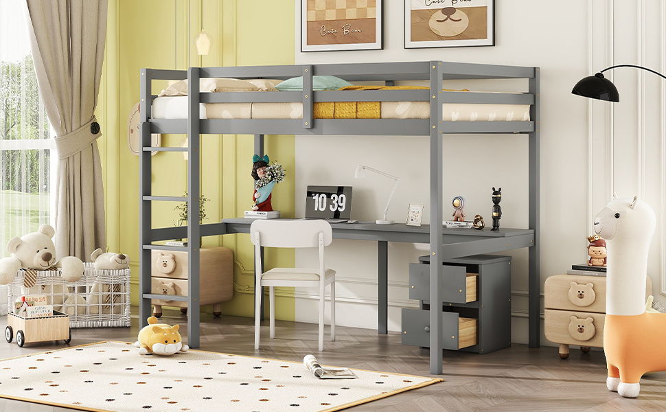 Loft Wood Bed With Under-Bed, Built-In Desk, A Storage Cabinet Of 2 Drawers, Guardrails, Ladder