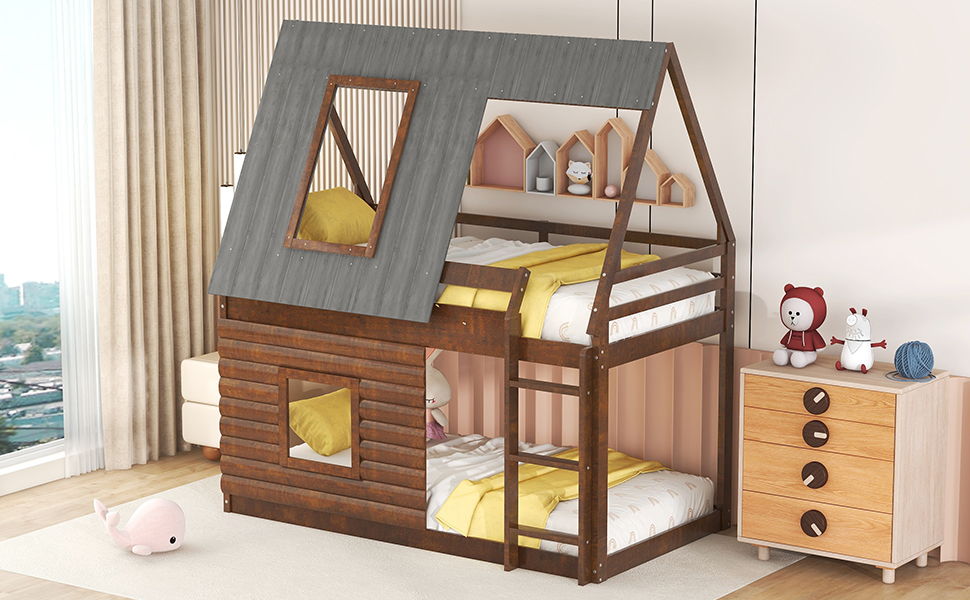 Wood Twin Size House Bunk Bed With Roof, Ladder And 2 Windows - Oak & Smoky Gray
