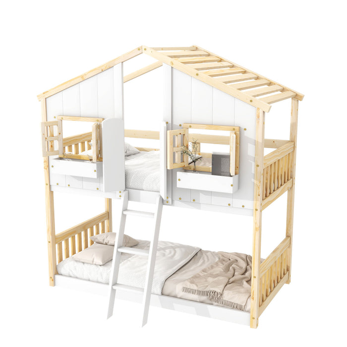 House Bunk Bed With Roof, Window, Window Box, Door, With Safety Guardrails And Ladder