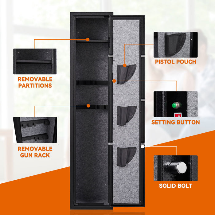 3 - 5 Gun Safes For Home Rifle And Pistols, Quick Access Safes For Shotguns, Cabinets With Adjustable Rack, Pockets And Removable Shelf, External Battery Cases And Alarm System - Black