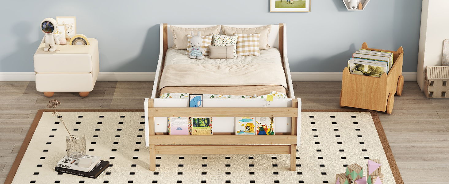 Bed With Headboard, Footboard, Safeguards, Built-In Bed-End Book Storage Rack