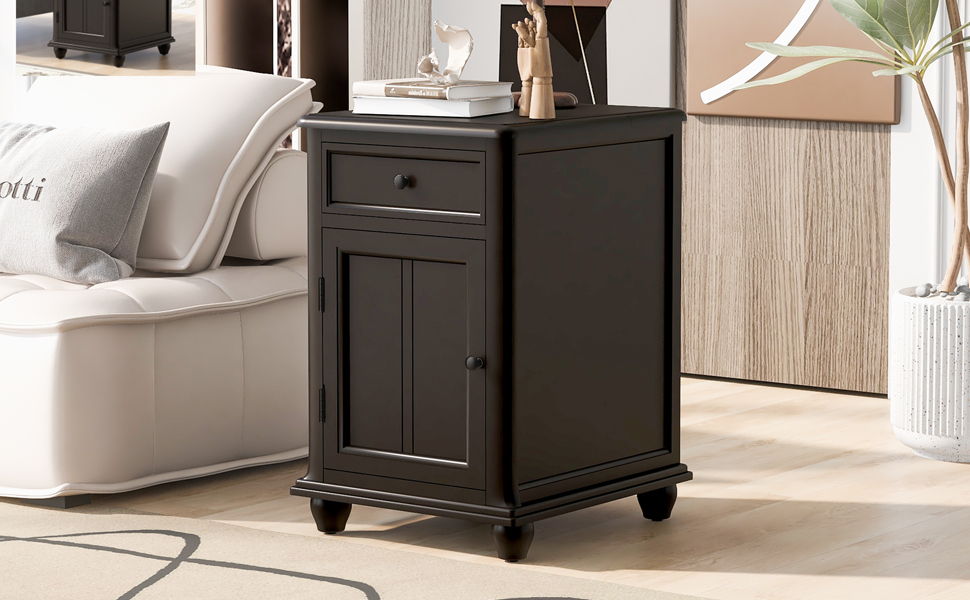 End Table With Solid Wood Legs, Side Table With USB Ports, 1 Storage Cabinet And 1 Drawer For Living Room