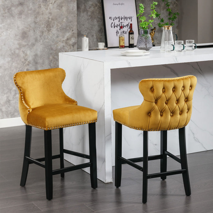 Contemporary Velvet Upholstered Wing-Back Barstools With Button Tufted Decoration And Wooden Legs, And Chrome Nailhead Trim, Leisure Style Bar Chairs, Bar Stools (Set of 4)