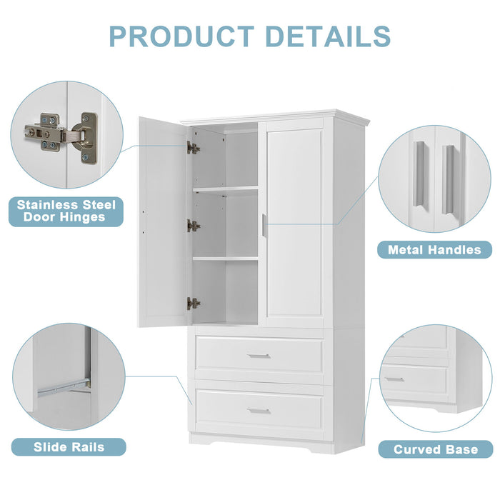 Tall Bathroom Storage Cabinet, With Two Doors And Drawers, Adjustable Shelf, MDF Board - White