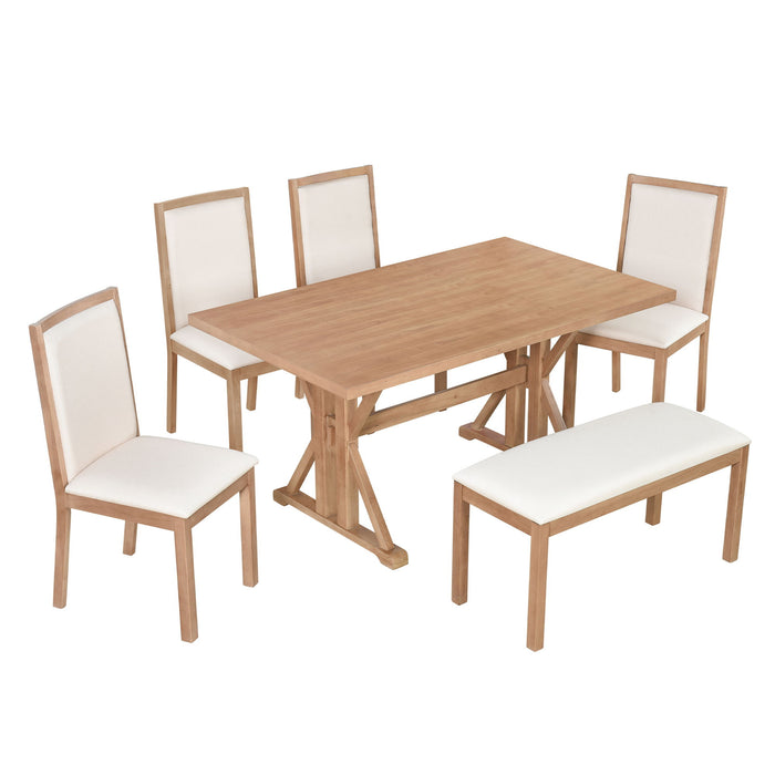 Topmax - 6 Piece Farmhouse Classical Dining Table Set With Trestle Legs, Kitchen Table Set For 6 With 4 Upholstered Dining Chairs And Bench