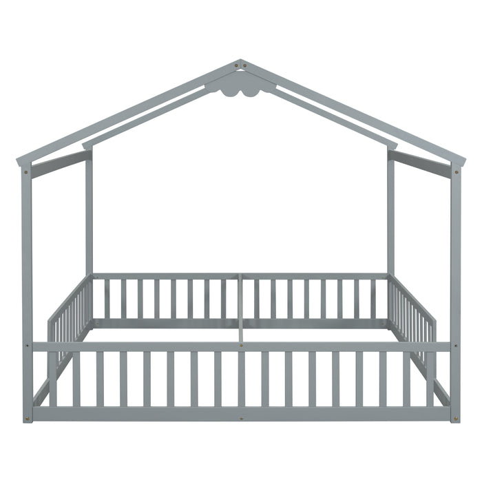 Double Twin House-Style Floor Bed With Fence, Guardrails, Without Door