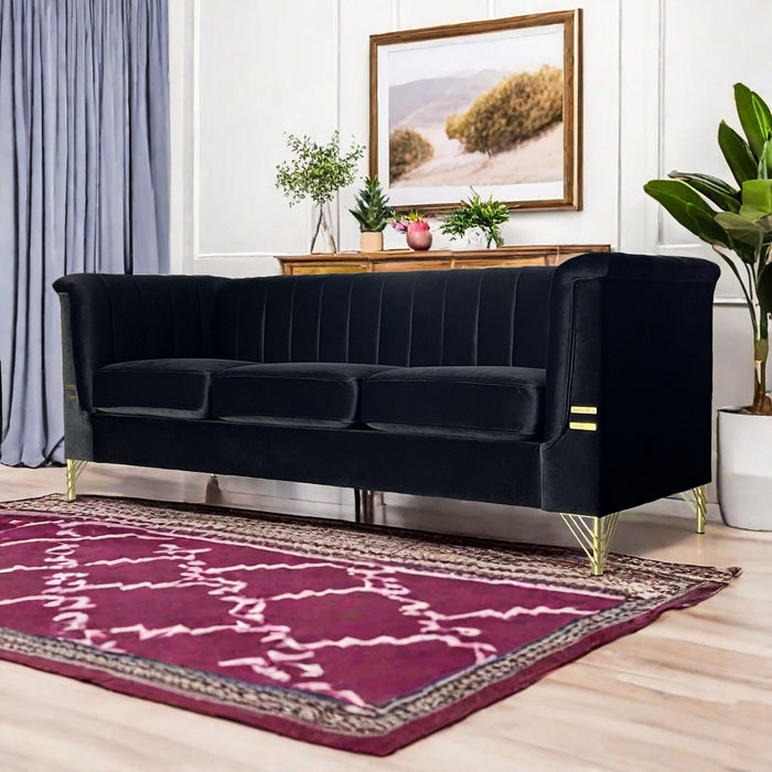 Fx-P82-Bk (Sofa) Modern Sofa Couches For Living Room, Velvet Tight Back Chesterfield Design Couch Upholstered Sofa With Metal Legs Decor Furniture For Bedroom - Black