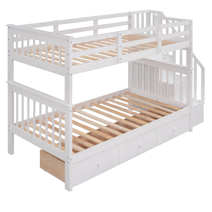 Stairway Twin Over Twin Bunk Bed With Three Drawers For Bedroom, Dorm