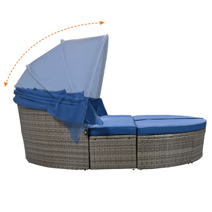 Outdoor Rattan Daybed Sunbed With Retractable Canopy Wicker Furniture, Round Outdoor Sectional Sofa Set - Black Wicker Furniture Clamshell Seating With Washable Cushions, Backyard, Porch