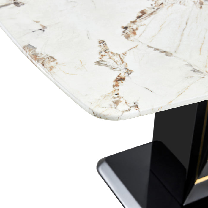 Rectangular Marble Dining Table, Luxurious Dining Room Table With Faux Marble Top And U-Shape MDF Base, Modern Kitchen Dining Table For Kitchen Living Dining Room - White / Black