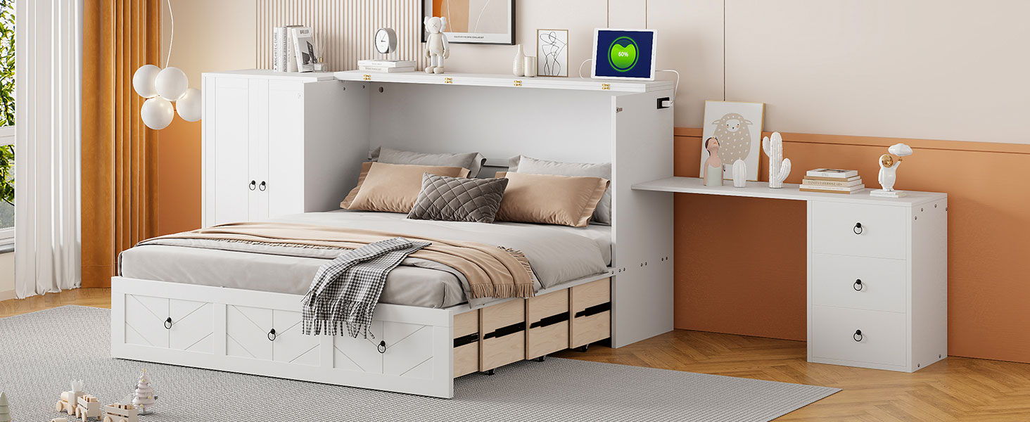 Murphy Bed With USB Port, Large Drawer, And Wardrobe / Desk Combo Versatile Cabinet Bed