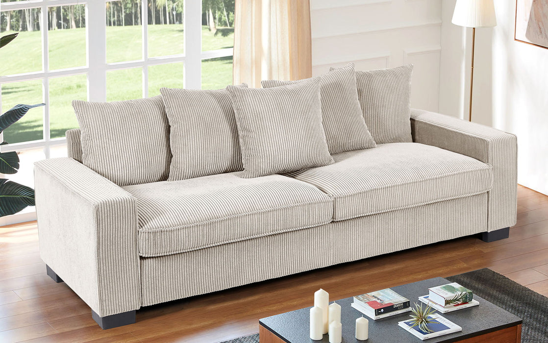 Luxe Corduroy Sofa With 5 Matching Toss Pillows, Sleek Design, Spacious And Comfortable 3 Seater Couch