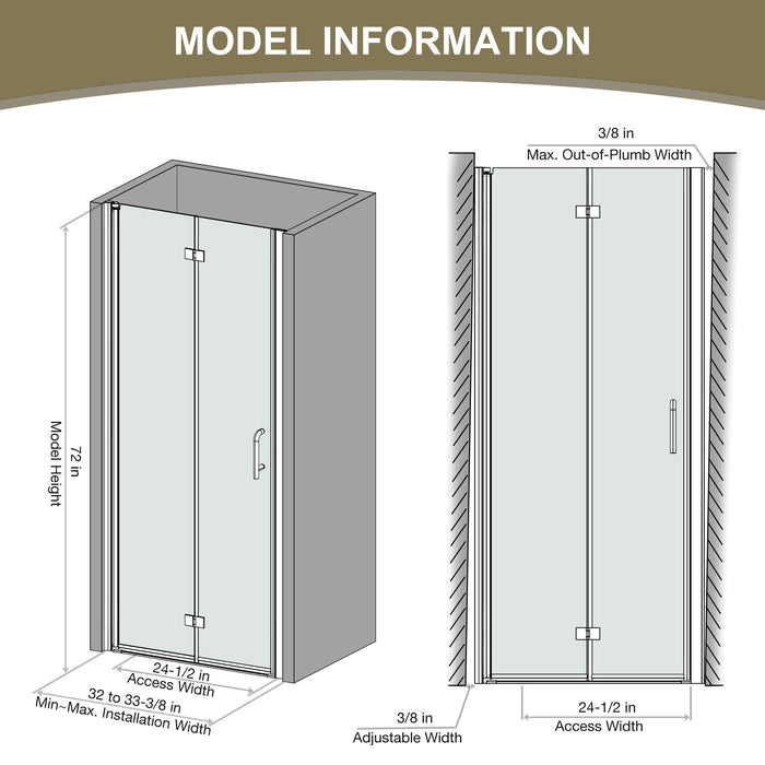 32" Bi-Fold Semi-Frameless Shower Doors In Matte With Clear Glass - Black